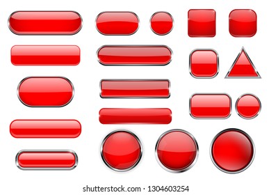 Red glass buttons. Collection of 3d icons with and without chrome frame. Vector illustration isolated on white background