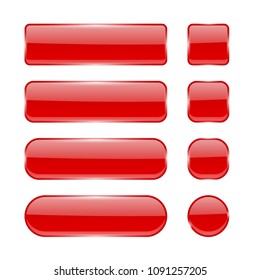 Red glass buttons. Collection of menu interface 3d shiny icons. Vector illustration isolated on white background