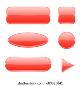 Red glass buttons. Collection of web icons. Vector 3d illustration isolated on white background