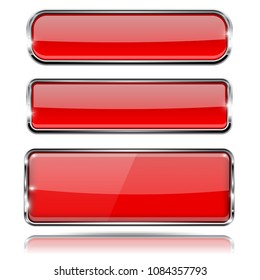 Red glass buttons with metal frame. Set of 3d icons. Vector illustration isolated on white background