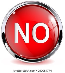 Red glass buttons - NO, web icon with metallic frame. Vector Illustration isolated on white background.