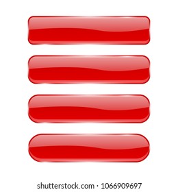 Red glass buttons. Shiny rectangle 3d icons with reflection. Vector illustration isolated on white background