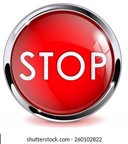 Red glass buttons - STOP, web icon with metallic frame. Vector Illustration isolated on white background.