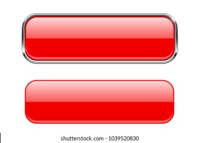 Red glass buttons with and without metal frame. Vector 3d illustration