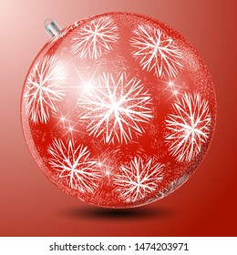 Red glass Christmas ball with a pattern of a snow blizzard with large white snowflakes on a red background. Realistic vector image of a ball for New Year decorations.