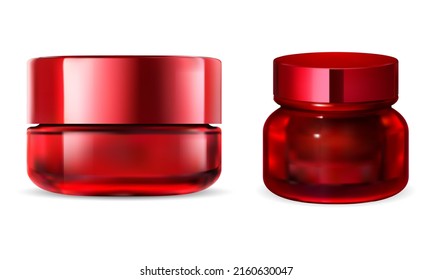 Red glass cream jar mockup. Face skin cosmetic cream bottle for logo or label design. Luxury brand round container with lid, glossy vector template. Facial collagen can