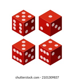 Red glass dice. Isometric dice. Vector 3d clipart isolated on white background.