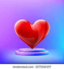 Red glass heart shape on platform or podium. Symbol of love and valentine day. Vector illustration