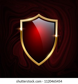 Red glass shield with golden frame isolated on red liquid or marble background. Vector design element.