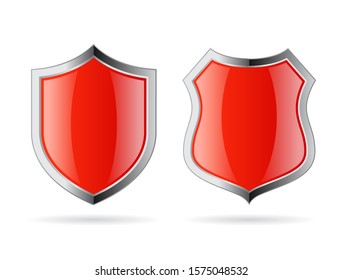 Red glass shield vector icon set isolated on white background
