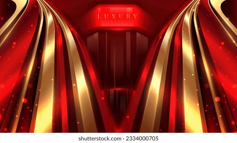 Red glass showcase and gold lines elements with glitter light effect decoration and bokeh.