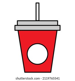 Red glass with straw. Sweet food. Red paper cup with straw. Vector illustration. stock image. 