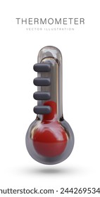 Red glass thermometer closeup. Vector realistic object on white background