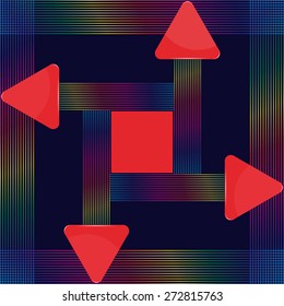 Red glass triangular signs with abstract colorful lines design