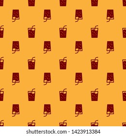 Red Glass with water icon isolated seamless pattern on brown background. Soda drink glass with drinking straw. Fresh cold beverage symbol. Vector Illustration