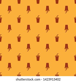 Red Glass with water icon isolated seamless pattern on brown background. Soda drink glass with drinking straw. Fresh cold beverage symbol. Vector Illustration