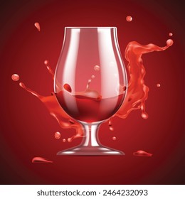Un vaso rojo con líquido de vino rojo y fondo rojo