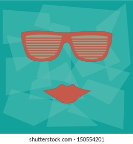 red glasses with red lips in a blue background