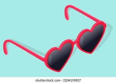 Red glasses in the shape of hearts on a green background .Isometric image of glasses in the shape of hearts .Vector illustration.