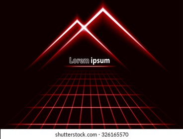 Red glitter abstract futuristic perspective background with simple mountain logo. Vector illustration