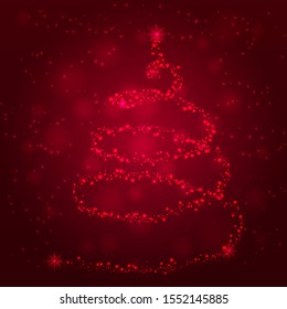 Red glitter bokeh lights and sparkle stars christmas tree on transparent background. Red light shining abstract Red christmas tree. Vector illlustration
