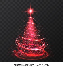 Red glitter bokeh lights and sparkle stars christmas tree on transparent background. Isolsted light shining abstract Red christmas tree. Vector illlustration