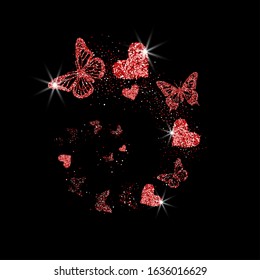 Red glitter butterflies, hearts fly in spiral on black background. Silhouettes with different shapes wing. For Valentine day, wedding invitations, cards, branding, concept design. Vector illustration
