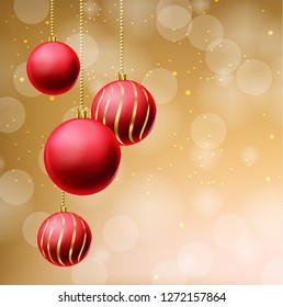 Red glitter Christmas balls on beige background Vector realistic. Merry Christmas elements. Detailed 3d illustration decors