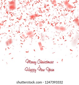 Red glitter confetti vector. Carnaval paper tinsel texture isolated on background. Party confetti with defocused pieces effect. Falling glitter particles decoration. New year and Xmas illustration.