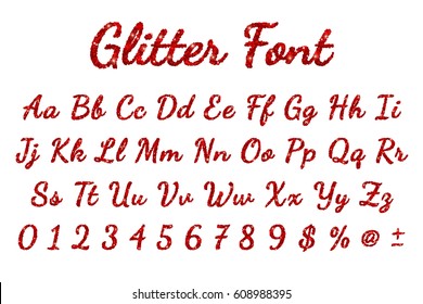 Red Glitter Font In White Background. Vector