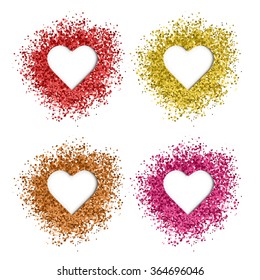 Red glitter frame. Set of glitter hearts. Glitter object. Gold glitter element. Symbol of love. Glitter heart shape isolated. Vector glitter heart silhouette. Set of glitter hearts.Red glitter texture