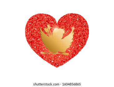 Red glitter heart with golden cupid silhouette. Valentine's day design vector illustration on white background.