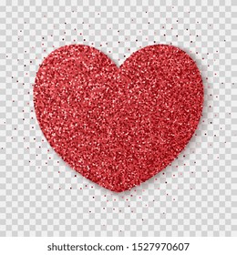 Red glitter heart isolated on a transparent background. Bright glowing festive sequins and sparkles. Realistic Valentine's Day vector illustration.