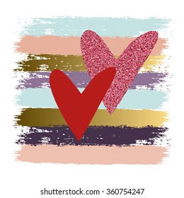 Red and glitter hearts on hand drawn pastel background. For labels, banners, posters, cards, valentines