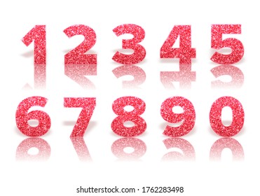 Red glitter numbers with reflection and shadow in royal style isolated on white background. Template for invitation card and sale banner. Holiday decoration. Vector.