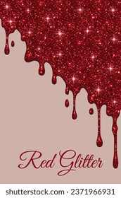 Red glitter. Red paint dripping on a red background. Dripping liquid. The paint is flowing. Paint is flowing and drips. Templates for design, banners, creativity.