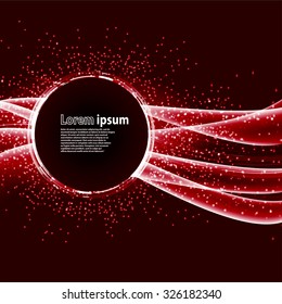 Red glitter party poster abstract layout with circle surrounded by flare shimmering particle luxurious pattern. Vector illustration