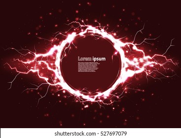 Red glitter party poster abstract layout with circle surrounded by lightnings luxurious pattern. Vector illustration