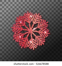 Red glitter shining snowflake Christmas, New Year glittering ornament decoration on transparent background with shining sparkling frost light effect. Vector isolated icon. New Year glittering ornament