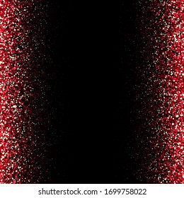 Red glitter sparkle confetti explosion background or party invite for happy birthday frame, wedding border, Valentine’s Day love beauty, Christmas card or new years eve fireworks burst