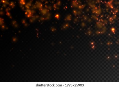 Roter Glitter funkelt auf transparentem Hintergrund. Der Staub funkelt und die roten Sterne leuchten mit speziellem Licht. Entwerfen Sie eine Vorlage für Banner-, Poster- und Grußkarten. Weihnachtsmuster. Vektorgrafik.