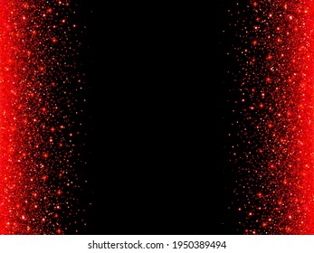 Red glitter sparks on a black background. Shiny confetti and glitter sparkling texture with glowing lights. Vector illustration.
