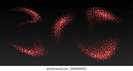 Salpicaduras rojas del brillo, explosión brillante del polvo de la estrella, efecto del espray del resplandor, partículas festivas del día de fiesta aisladas en un fondo oscuro. Ilustración vectorial.