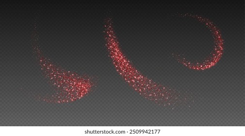 Red glitter splashes, shiny star dust explosion, shimmer spray effect, festive holiday particles isolated on a dark background. Vector illustration.
