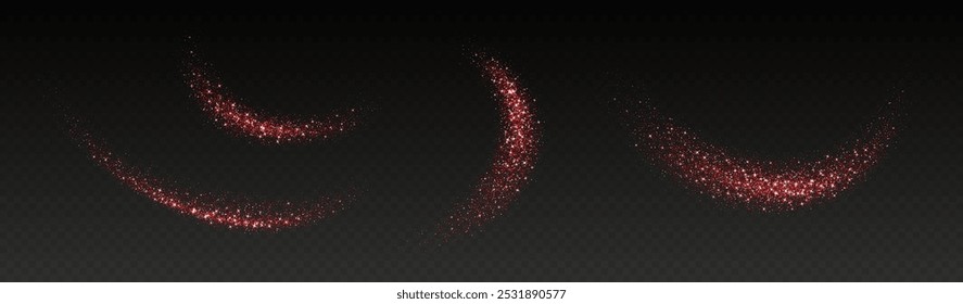 Salpicaduras rojas del brillo, explosión brillante del polvo de la estrella, efecto del espray del resplandor, partículas festivas del día de fiesta aisladas en un fondo oscuro. Ilustración vectorial.