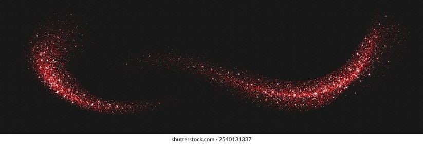 Red glitter splashes, shiny star dust explosion, shimmer spray effect, festive holiday particles isolated on a dark background. Vector illustration. Christmas decoration.