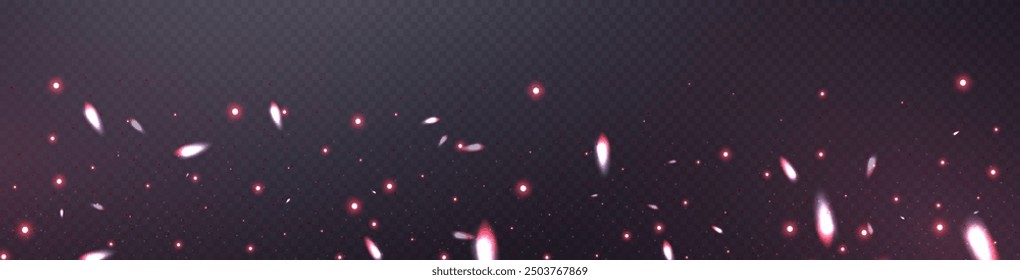 Red glittering dots, particles, stars magic sparks. Dust cloud flare light effect. Red luminous points with smoke. Vector particles on transparent background