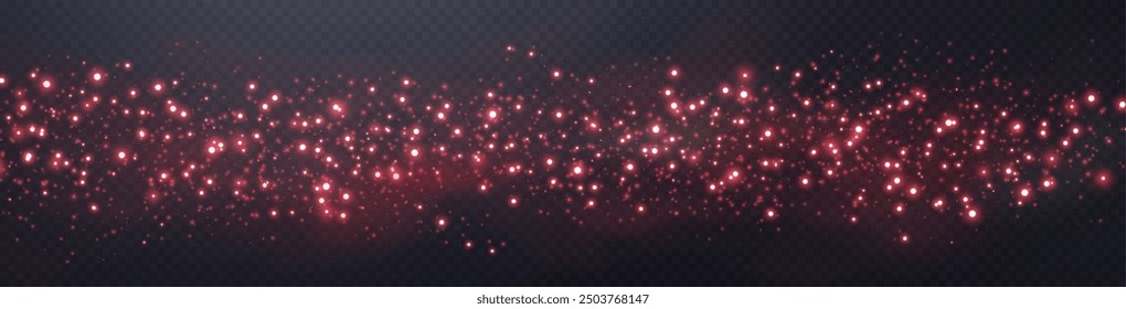 Red glittering dots, particles, stars magic sparks. Dust cloud flare light effect. Red luminous points with smoke. Vector particles on transparent background