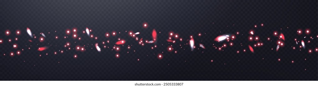 Red glittering dots, particles, stars magic sparks. Dust cloud flare light effect. Red luminous points with smoke. Vector particles on transparent background