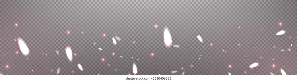 Red glittering dots, particles, stars magic sparks. Dust cloud flare light effect. Red luminous points with smoke. Vector particles on transparent background